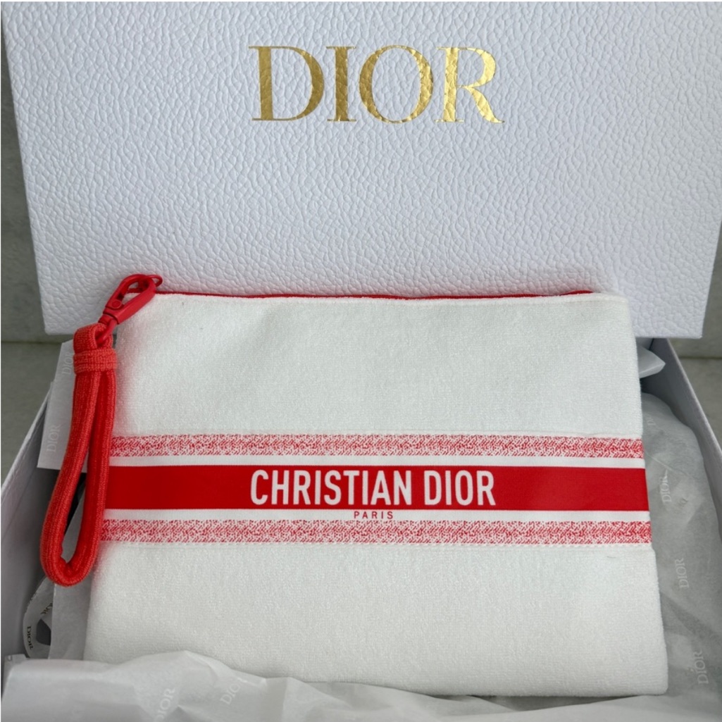 Christian Dior Terry Towel White Clutch Make Up Travel Gift Beach Pouch Zip Vip